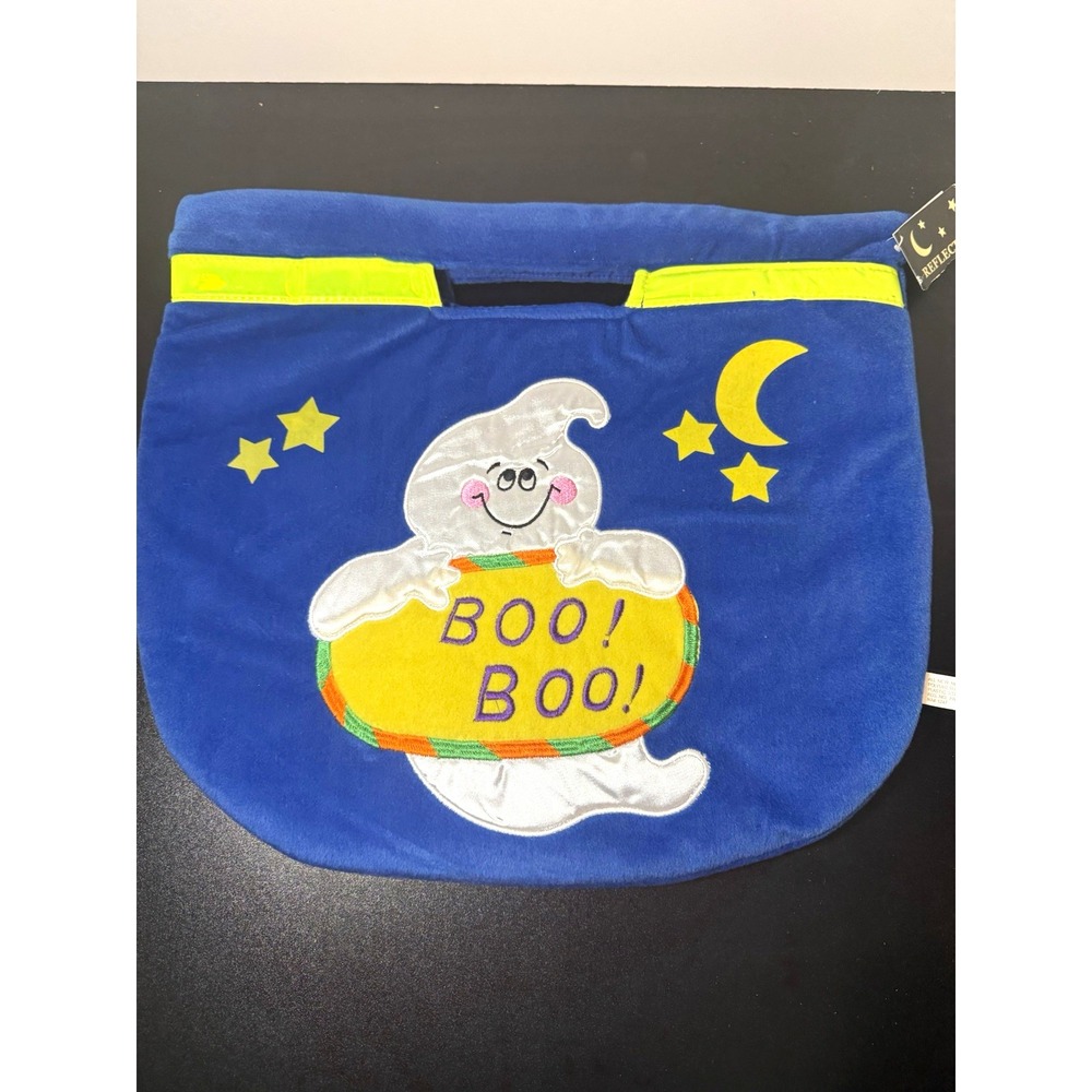 Halloween Ghost Fabric Trick or Treat Bag w Handle Boo! Blue Reflective Stars